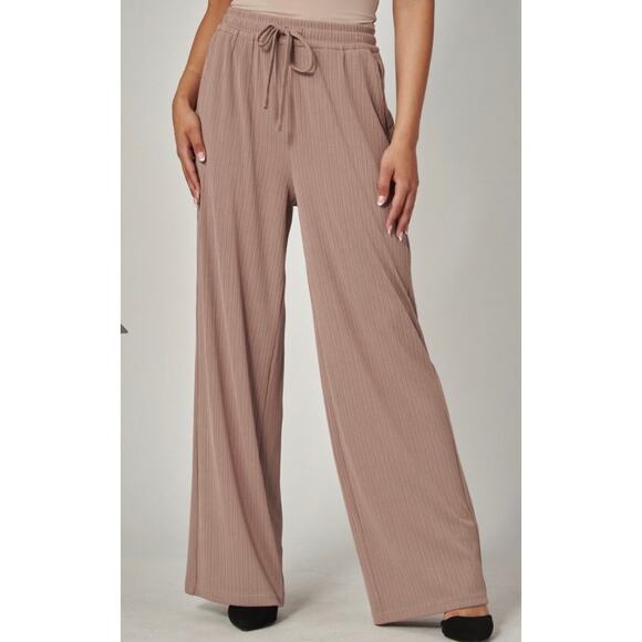 Love Poem Pants - Ribbed High-rise Drawstring Wide Leg Pants